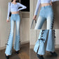 High Waist Slit Strap Jeans Women's New Korean Style Design Retro High Street Niche Micro-flare Trousers