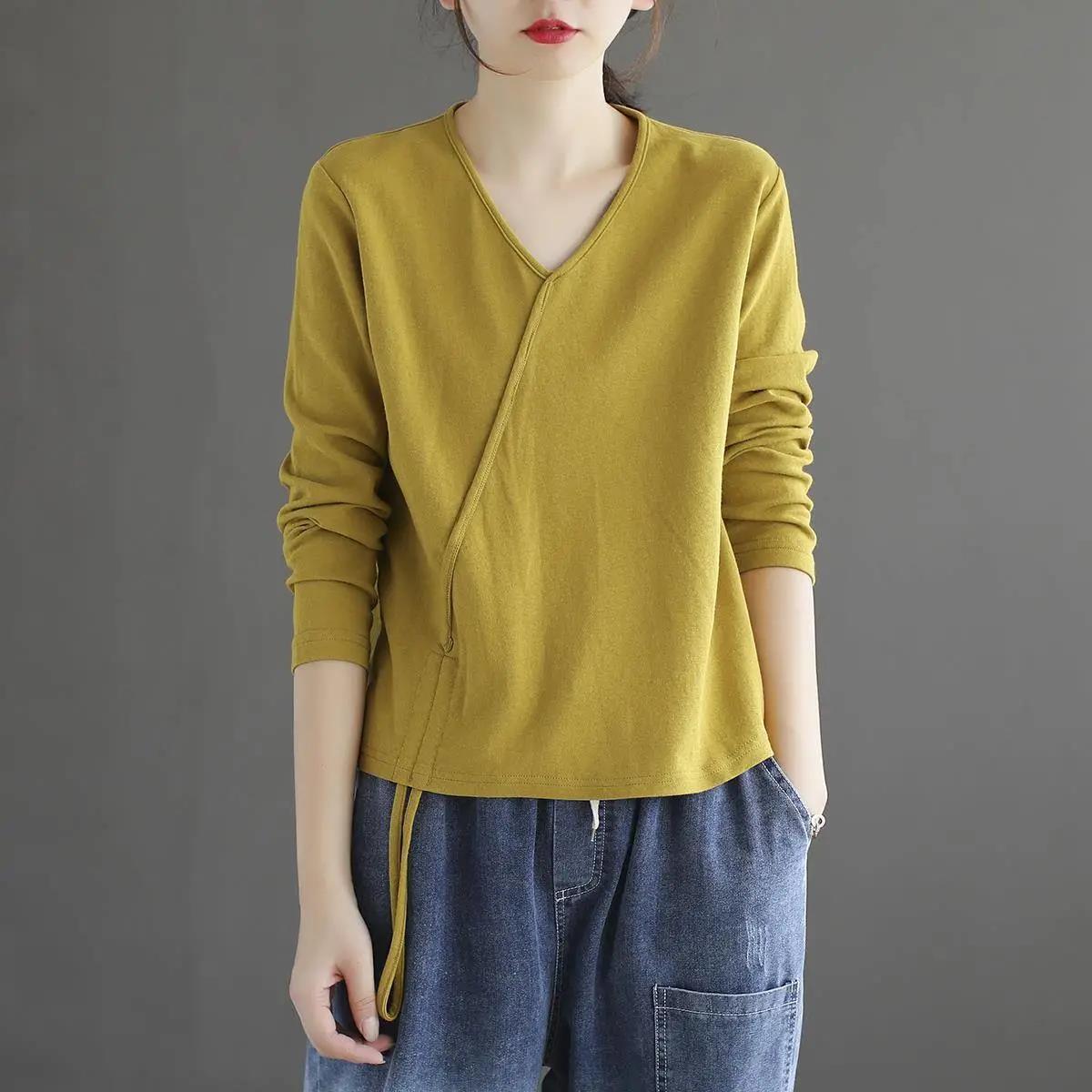 Cotton Solid Color V-Neck T-Shirt Ladies Spring Autumn Hem Drawstring Loose Casual Long Sleeve Retro Top