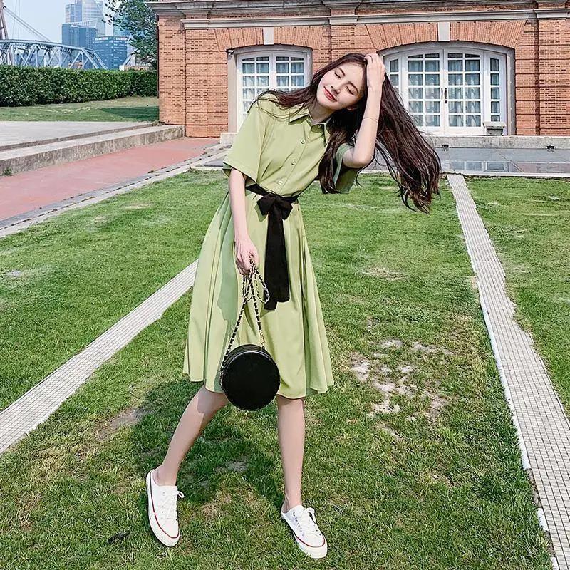 Chiffon Dress with Belt Women Button Solid Color High Waist Turn-down Collar Girls Summer Holiday Knee-length Short Sleeve A-line Dress