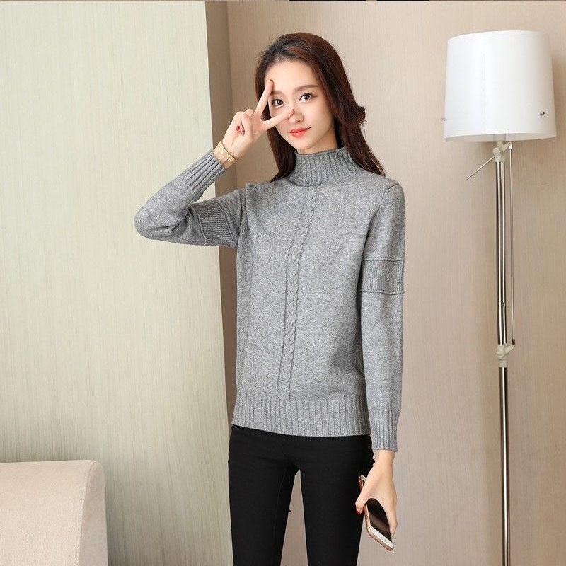 Winter Sweater Women Solid Color Half Turtleneck Sweater Thick Loose Solid Color Base Sweater
