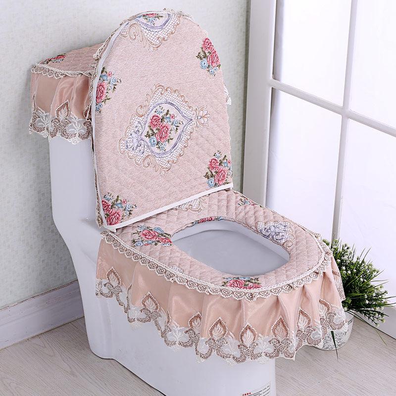 Chenille Toilet Three-piece Set Garden Lace Fabric Zipper Toilet Seat Cushion Toilet Seat Cover Ring Cover