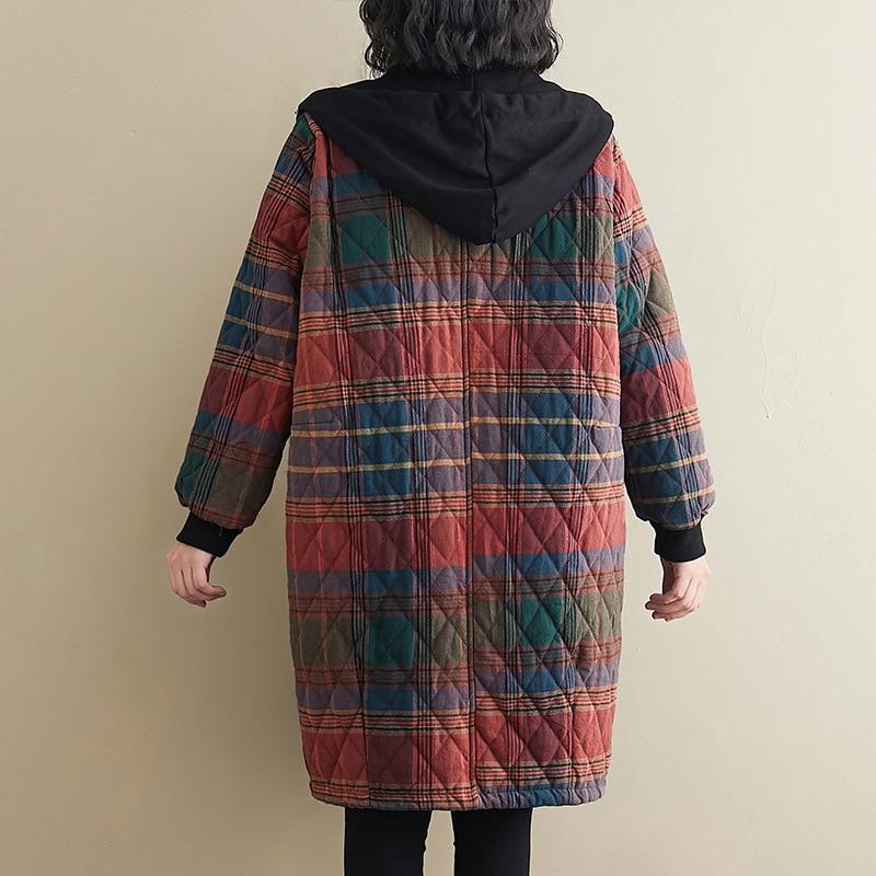 Women Vintage Winter Parkas Plaid Button Coats Pockets Korean Style Parkas
