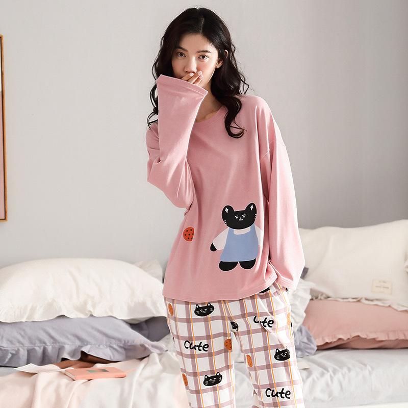 Women's Pajamas Suit Autumn Winter Pyjamas Set Long Sleeve Sleepwear Loose Casual Home Wear Pullover Cute Nightwear Tops and Pants Sets Round Neck