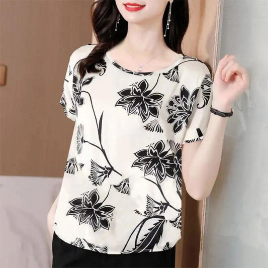 Large Size Women's Fashion Printing T-shirt Women's Summer Thin Section Fat Mother Western Style Loose Round Neck Top Bottoming Shirt