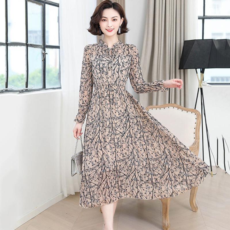 Floral Long Sleeve Dress Feminine Lotus Leaf Collar Chiffon Print Skirt Long French Retro Elegant Inside Outerwear Fabric Lightweight Breathable