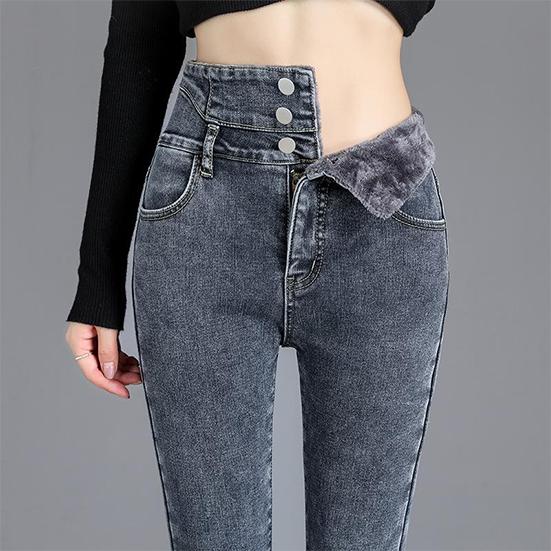 Women's Winter High Waist Plush Jeans Female Large Size Elastic Slim Pants Casual Warm Long Pencil Pants