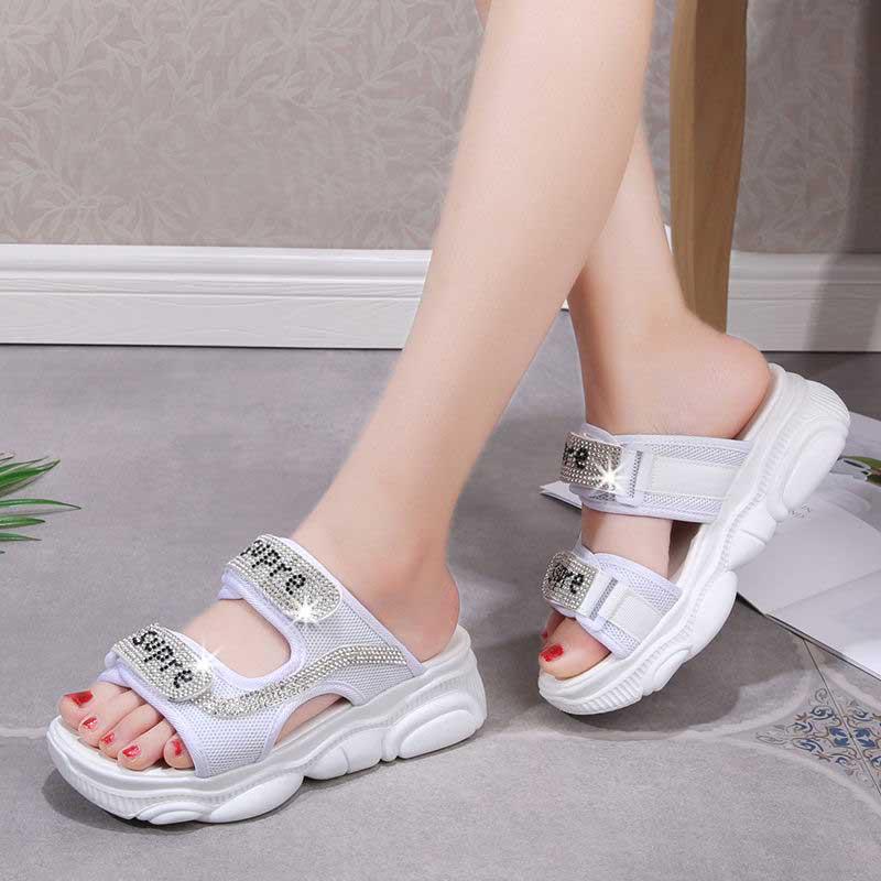 Size35-40 Summer Ladies Slippers Bohemian Beach Waterproof Slippers Wedge Platform Crystal Letter Sandals Outdoor High Heels