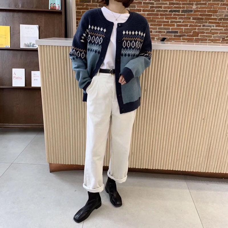 Spring Autumn Vintage Jacquard Round Neck Knitted Cardigan Women's Wild Plus Size Sweater Coat