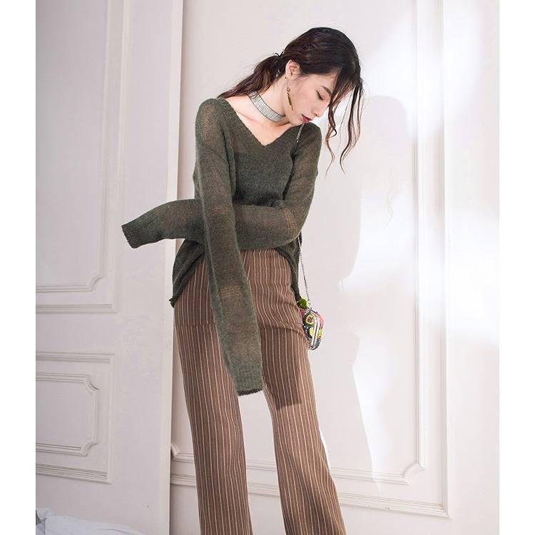 Pofulove Mohair Sweater Hedging Thin Perspective Sexy Lady Hollow Long-sleeve Bottoming Knitwear