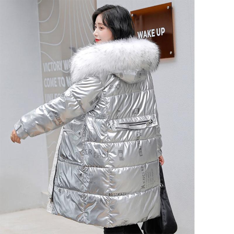 Women's Winter Korean Loose Quilted Coat Warm Down Jacket with Fur Collar Women's Glossy Mid-length Down Jacket
