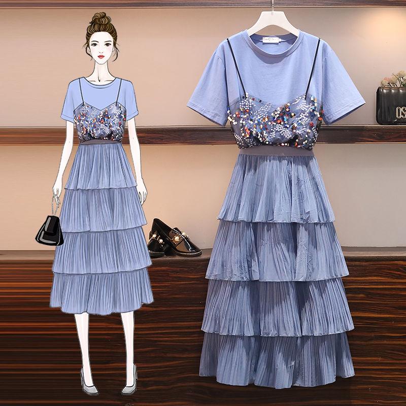 Women Summer 2 Pieces Dress Set Round Collar Mesh Sequins Patchwork Short Sleeve T-shirt Elegant Long Purple Fringed Dress Set