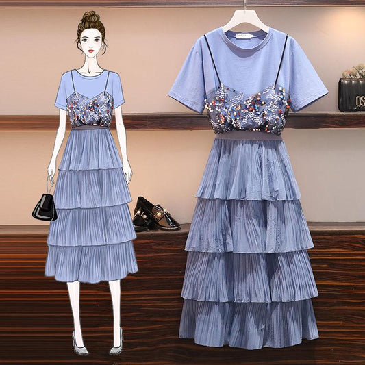 Women Summer 2 Pieces Dress Set Round Collar Mesh Sequins Patchwork Short Sleeve T-shirt Elegant Long Purple Fringed Dress Set