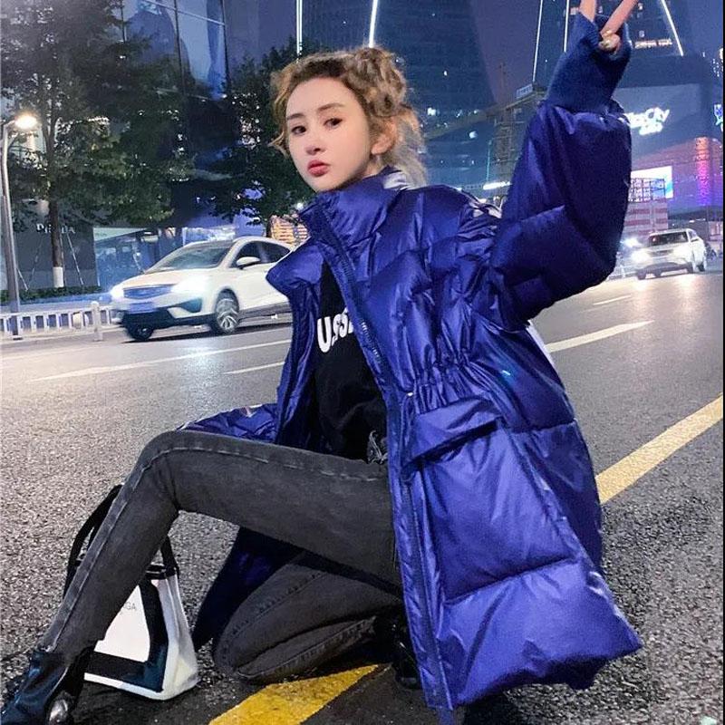 Women's Mid-length Down Jacket White Duck Down Waist Shiny Fashion Korean Style Thick Coat