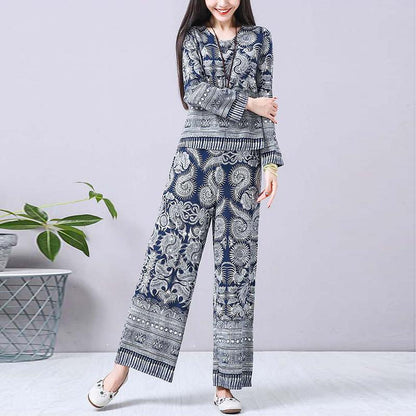 Cotton and Linen Suit Women 2021 Spring Plus Size Retro Literary Print Thin Two-piece Women's Clothing