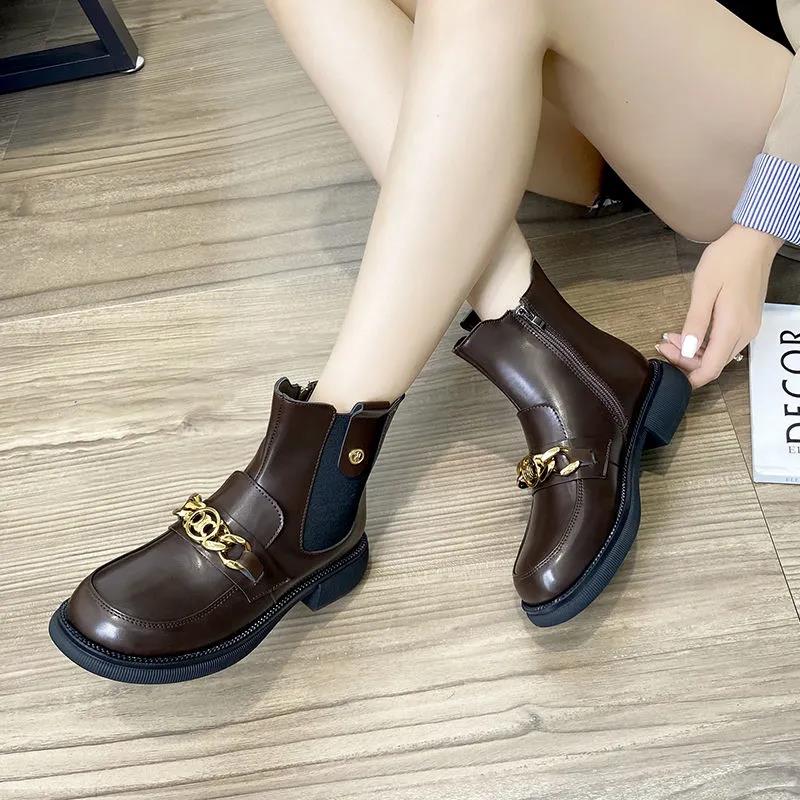Women's Short Boots Winter Fashion All-match Round Toe Thick Heel Martin Boots Plus Velvet Warm Chain Boots