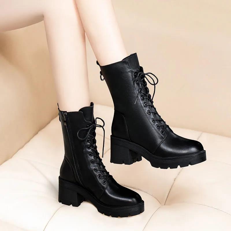 Women's Spring and Autumn Thick Heel Martin Boots Non Slip Black Casual Boots Soft Sole Verastile Cotton Boots