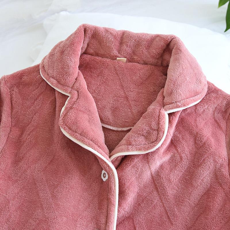 Winter Sleepwear Set Women Coral Fleece Pajamas Suits Flannel Thick Velvet Warm Homewear with Pockets Tops and Pants Long Sleeve Turn-down Collar