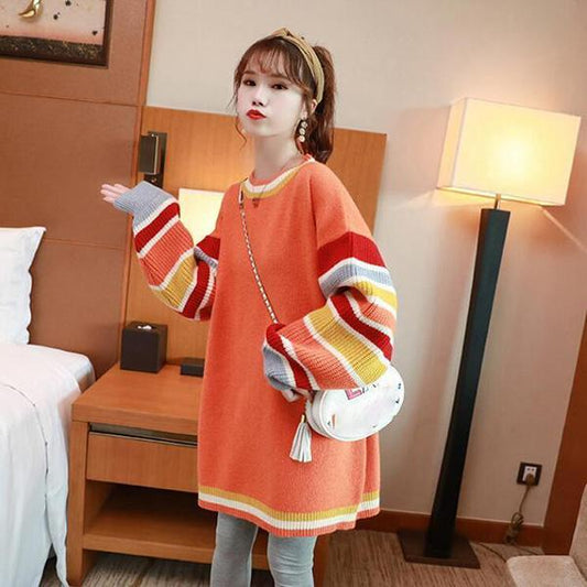 Mid-length Outer Wear Hedging Sweater Dress for Pregnant Women Loose and Versatile Splicing Color Top Fashion Casual Jacket