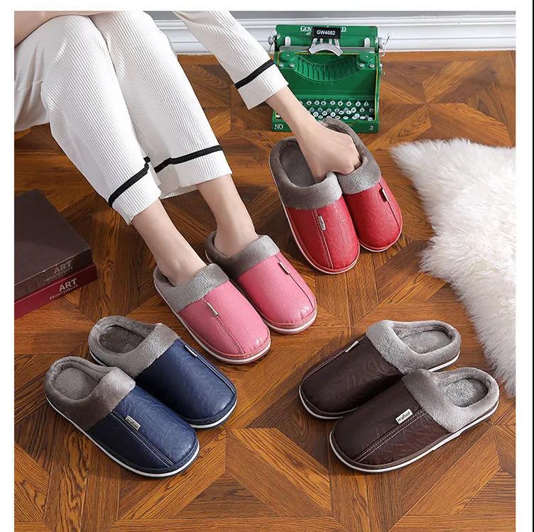 Women Unisex Winter Home Slippers Leather Waterproof Non Slip Slippers Plush Warm Indoor Flat Non-slip Slippers