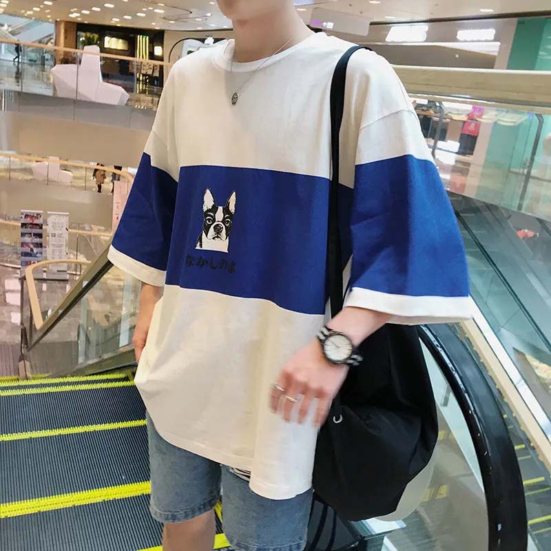 Short-sleeved Male Student Loose Summer Men's Round Neck Colorblock Print Loose T-shirt Casual All-match Top