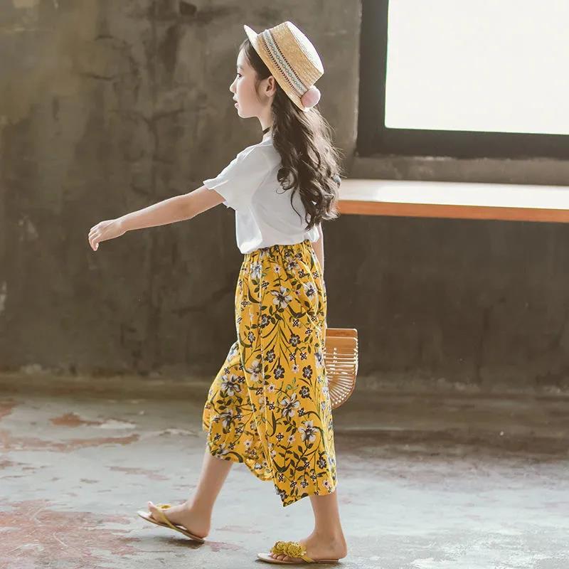 Girls Summer Dress Girls Skirt Pants Suit Medium and Large Children's Short-sleeved Wide-leg Pants Casual Two-piece Suit