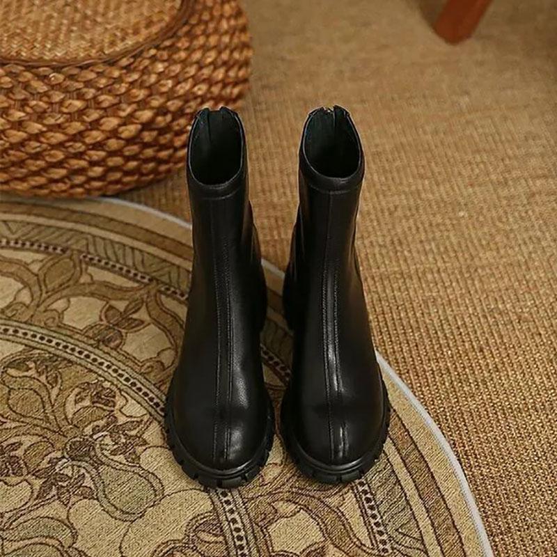 Martin Boots Woman Round Head Retro Boots Black Middle Boots Back Zipper Chelsea Boots Single Boots Spring and Autumn