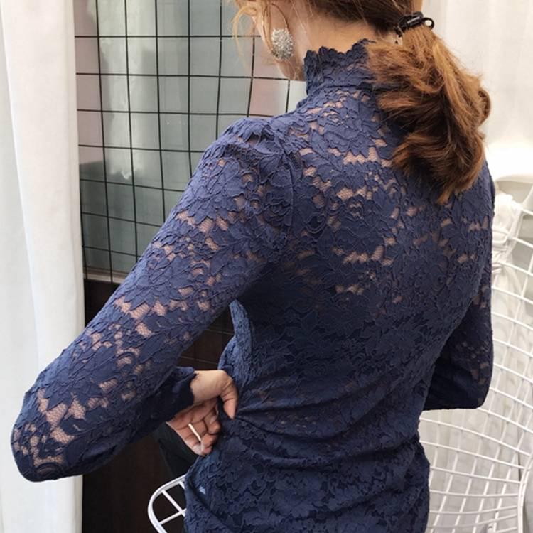 Autumn Spring Half High Neck Red Lace Bottom Blouse Sexy Hollow Out Long Sleeve Slim Pullover Shirt