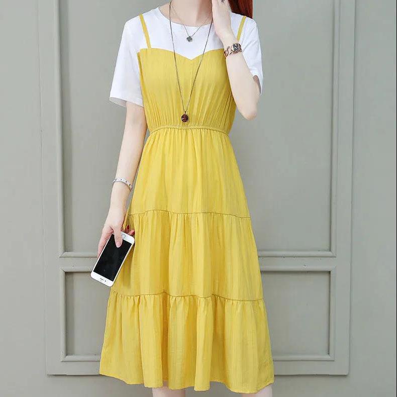 Women Vintage High Waist Round Neck Holiday Splicing Dress Elegant Slim Pleated Short Sleeve Casual Dress