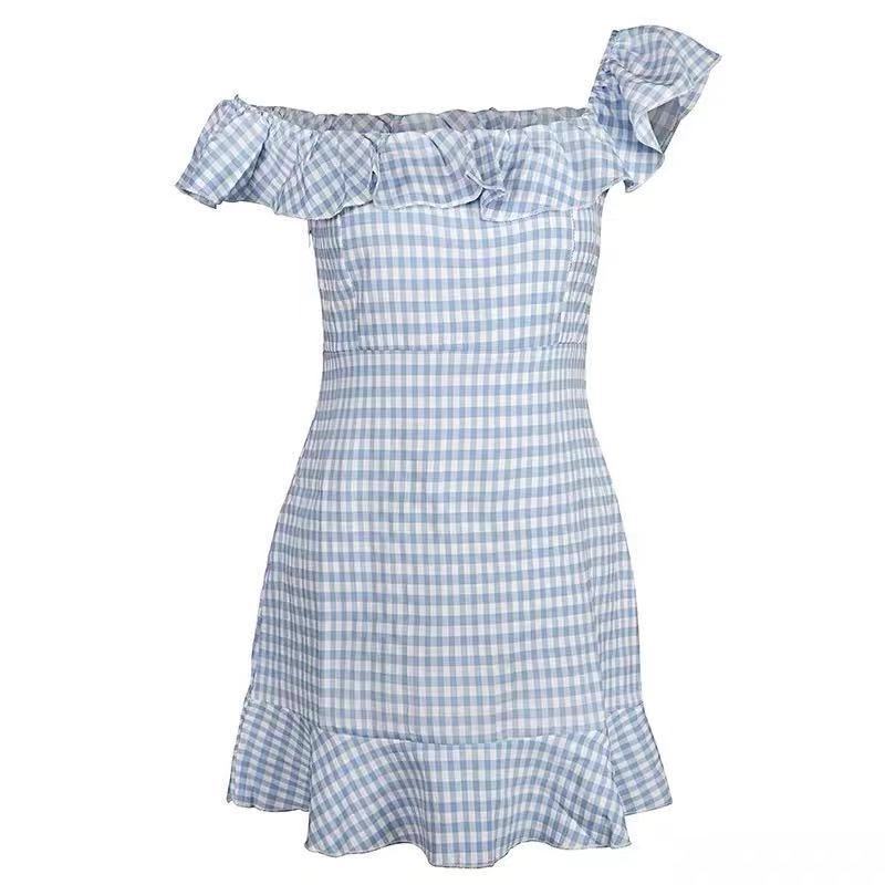 One Line Off Shoulder Small Fresh Plaid Dress Female Korean Version Gentle Wind Show Thin Waist Ruffle Dress