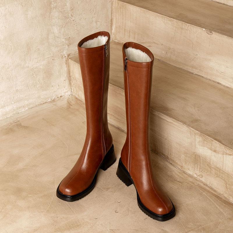Vintage Women Boots Winter Shoes Knee High Riding Boots Leather Ankle Booties Black Brown Fur Warm Boots Fashion