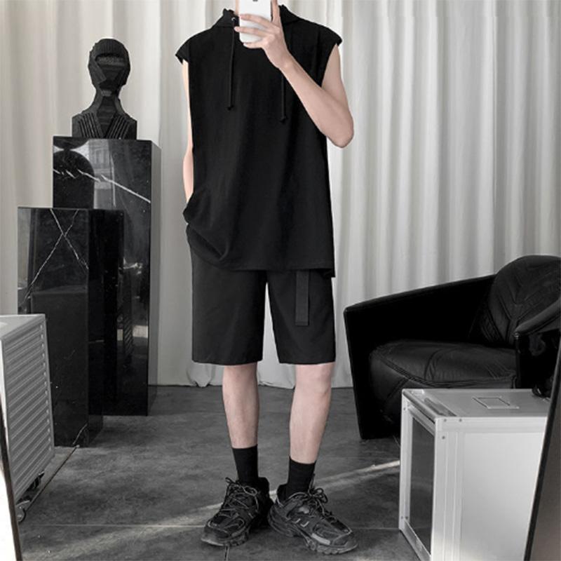 Summer Solid Color Hooded Vest Men's Trendy Loose Waistcoat Slit All-match Sports Hoodie Vest