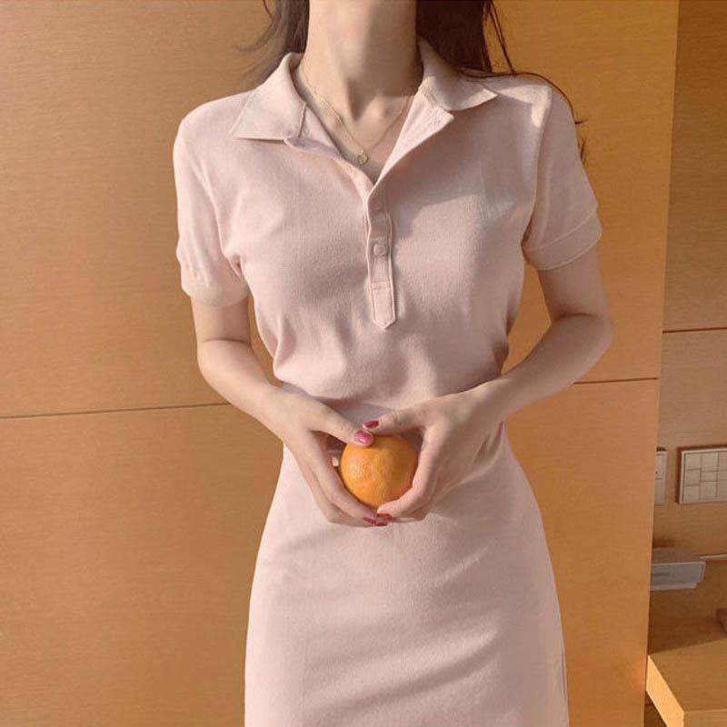 Summer Short Skirt Girl Retro Polo Collar Waist Slim Short Sleeve Small Man Pure Cotton Dress Pink