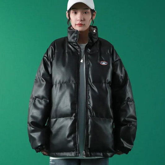 Women Winter Both Sides Wear PU Cotton Coats Large Size Stand Collar Loose Thickened Coats Solid Color Cotton Padded Jacket