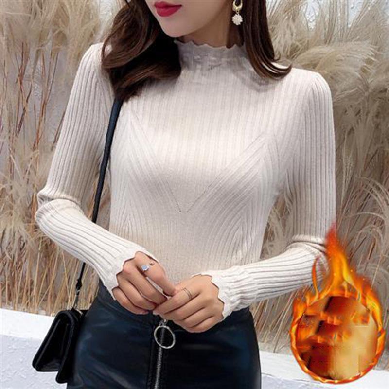 Core Spinning and Velvet Thickening Bottoming Shirt Autumn and Winter Style Ladies Slim Half Turtleneck Sweater Long Sleeves