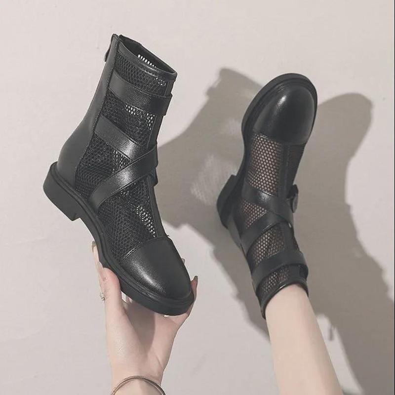 Women's Soft Leather and Mesh Martin Boots Summer Sandals All-match Back Zipper Flat Ankle Boots