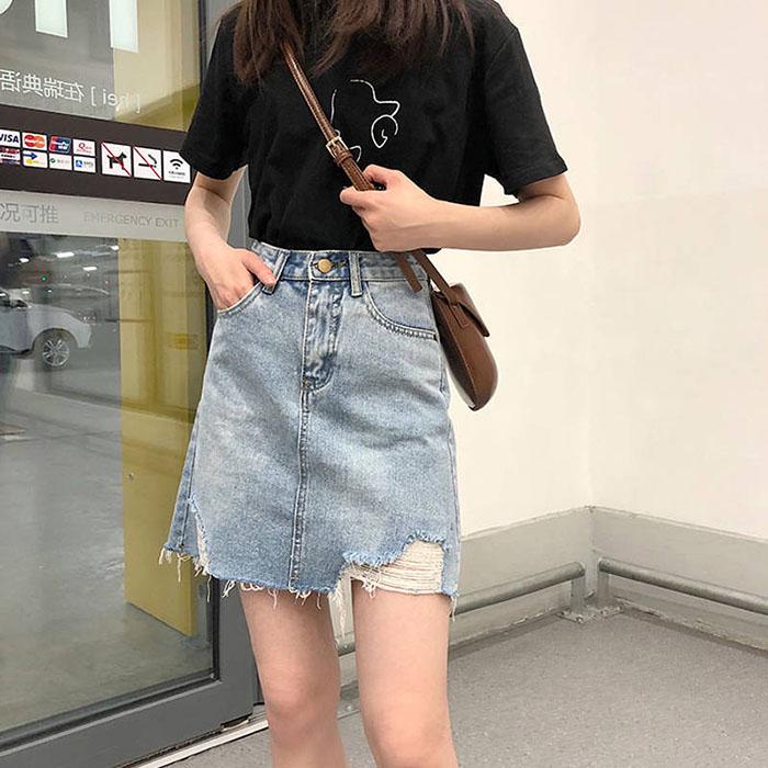 Women Anti-light Ripped Denim Skirt High Waist Slim Package Hip Skirt Mini A-line Skirts