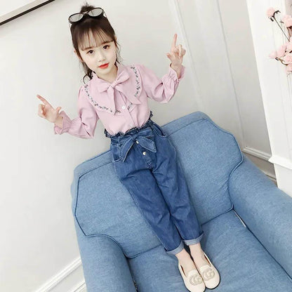 Girls' Spring and Autumn Suits Korean Version Cute and Sweet Style Suits Bow Tie Decoration Long-sleeved Shirts and Jeans Two-piece Suits