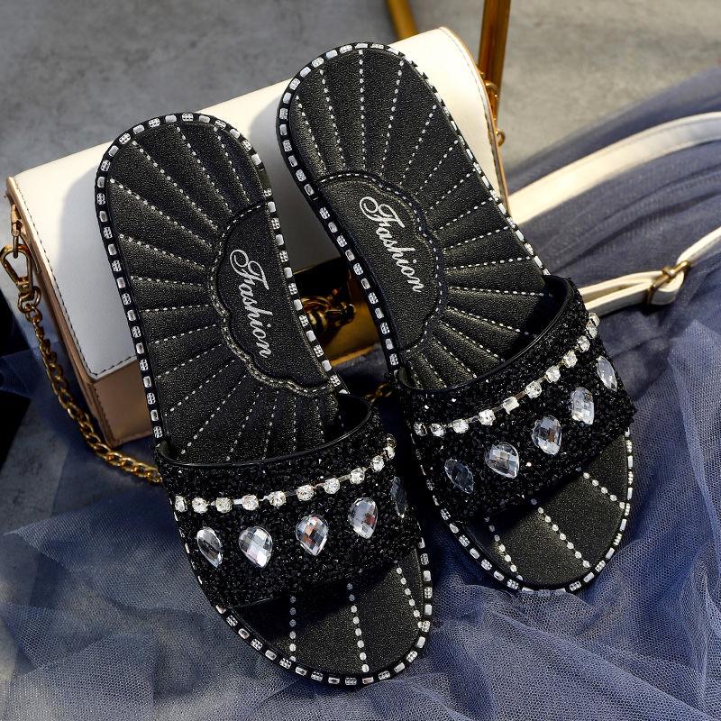 2020 Slippers Female Summer Korean Version Wild Fashion Cool Water Drop Flash Diamond Flat Bottom Non-slip Word with Sandals