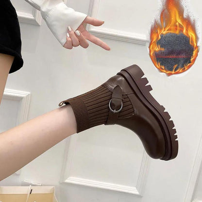 Winter Women's Short Boots Thick-heeled Thick-soled Martin Boots Fashion Knit Stitching Stretch Boots