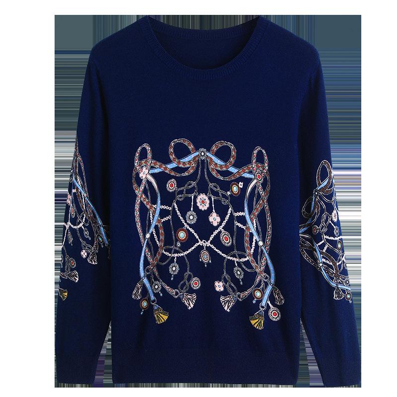 Women's Autumn and Winter Printed Sweater Round Neck Long Sleeve Knit Sweater Middle-aged and Elderly Mother Sweater