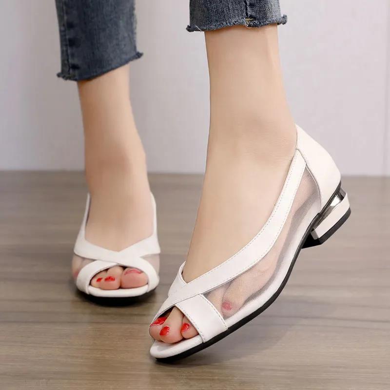 Mesh Sandals Women's Fashion All-match Single Shoes Summer Low-heel Soft Leather Fish Mouth Women's Shoes Summer Flat Shoes