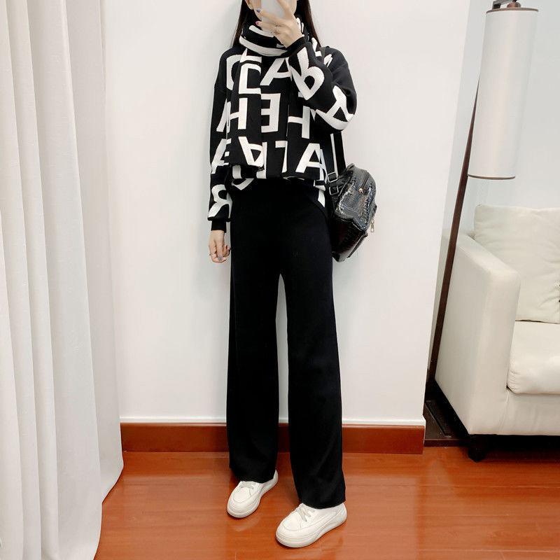 3pcs/set Knit Suit Women's Causul Letters Printed Knitted Sweater + Scarf+Knitted Pants 3 Piece Set Ladies Outfits Autumn Spring