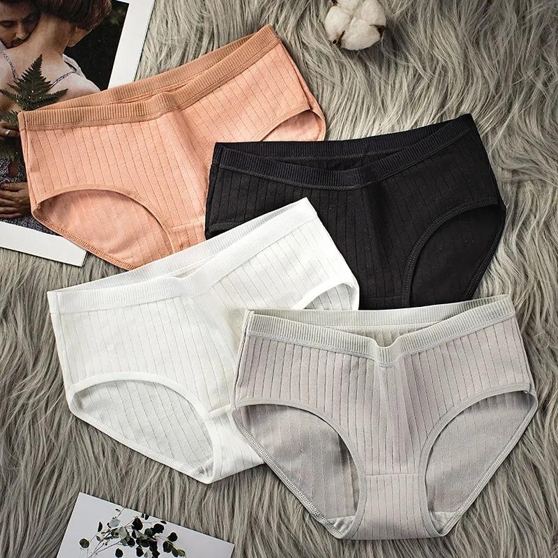 4PCS Cotton Underwear Women's Comfortable Sexy Lingerie Breathable Student Less Antibacterial Mid-low Waist Briefs Ladies Striped Underwear Bottoms