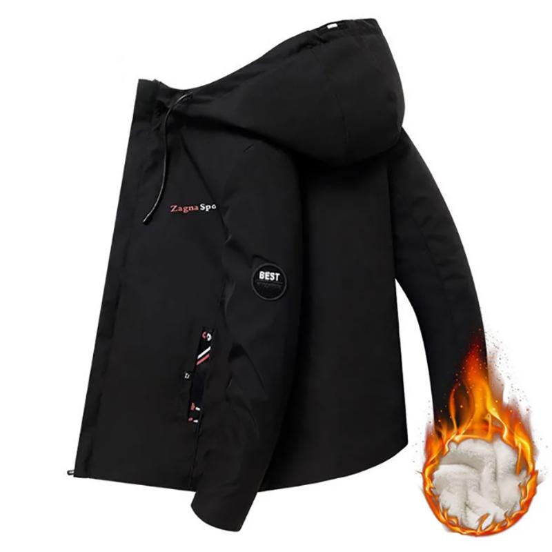 Autumn and Winter Jacket Men's Hooded Mid-length Korean Style Slim Solid Color Plus Velvet Jacket