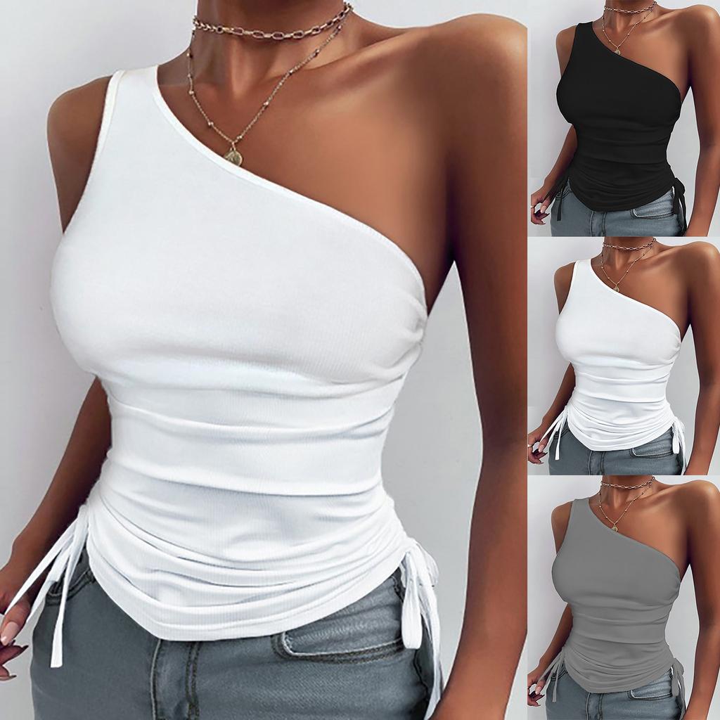 Women Sexy Skew Collar Sleeveless Bandage Solid Shirt Blouse Tank Tops