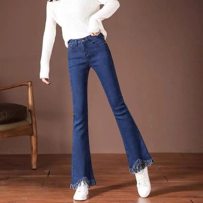 Slim Flared Denim Pants Women's Plus Size Denim Jeans Trousers Summer High Waist Sliming Fit Loose Tassel Denim Pants