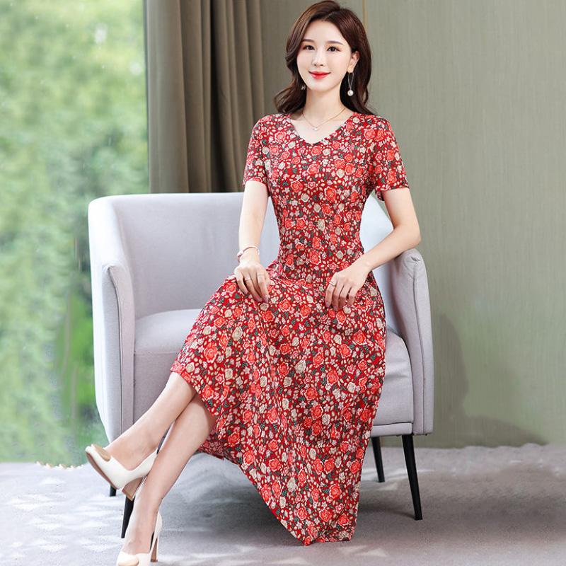 Women Elegant Floral Flower Pattern Dress Summer Casual V-neck Short Sleeve Ruffle Dress Boho Long Dresses Vestidos Femme