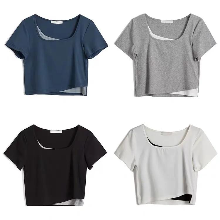 Two-piece Layered Airline Navy High Waist Straight Short Sleeve Top Women's T-Shirt