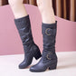 Leather Buckle High-heel Knee-High Boots Women's Leather High Boots Thick-heeled Knight Boots Plus Size 35-43 Cowboy Boots