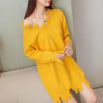 Autumn  Winter Women's Mid-length Sweater Ripped Tassel Sweater Casual Loose Knit Sweater Dress Outer Wear